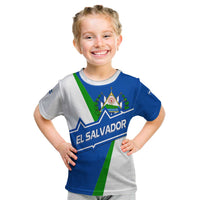 El Salvador Flag Crest Kid T Shirt with Blue Green Stripes and Bold Letter Design - Wonder Print Shop