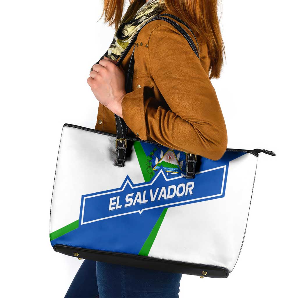 El Salvador Flag Crest Leather Tote Bag with Blue Green Stripes and Bold Letter Design - Wonder Print Shop