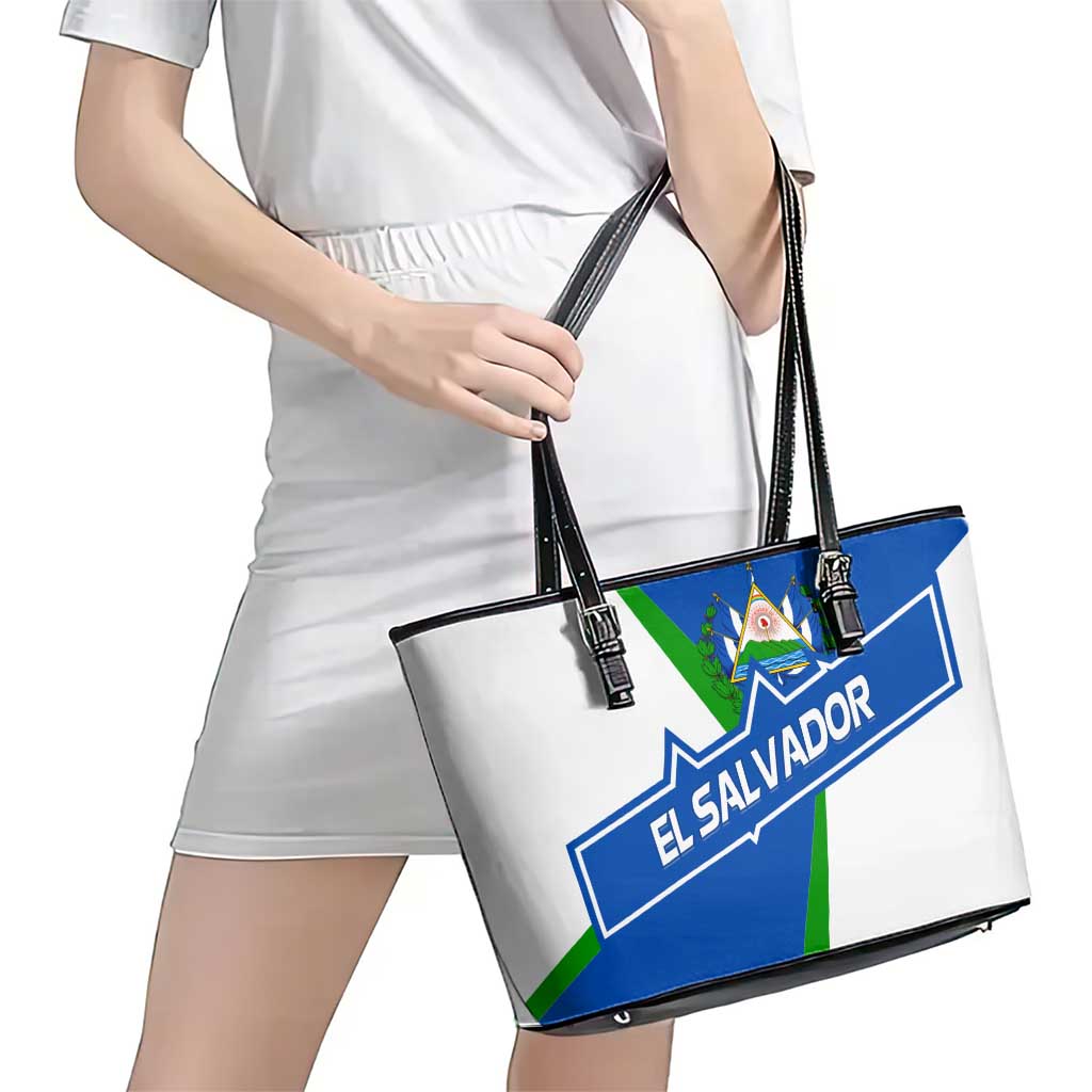 El Salvador Flag Crest Leather Tote Bag with Blue Green Stripes and Bold Letter Design - Wonder Print Shop