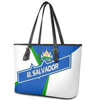 El Salvador Flag Crest Leather Tote Bag with Blue Green Stripes and Bold Letter Design - Wonder Print Shop