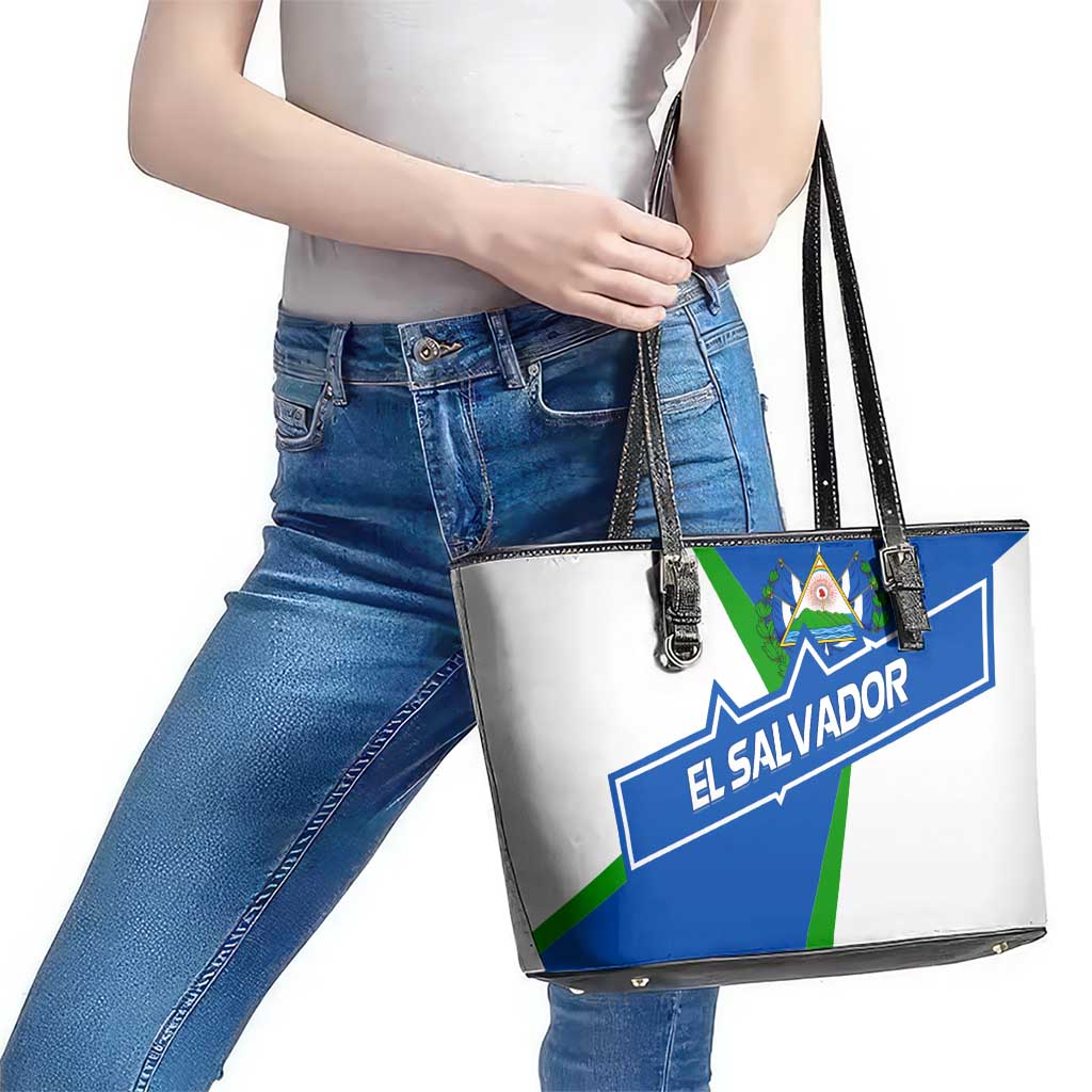 El Salvador Flag Crest Leather Tote Bag with Blue Green Stripes and Bold Letter Design - Wonder Print Shop