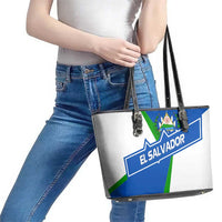 El Salvador Flag Crest Leather Tote Bag with Blue Green Stripes and Bold Letter Design - Wonder Print Shop