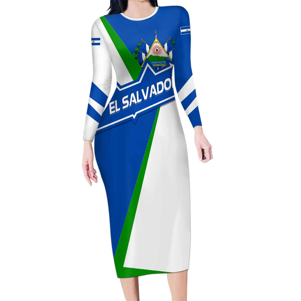 El Salvador Flag Crest Long Sleeve Bodycon Dress with Blue Green Stripes and Bold Letter Design - Wonder Print Shop