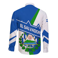 El Salvador Flag Crest Long Sleeve Button Shirt with Blue Green Stripes and Bold Letter Design - Wonder Print Shop