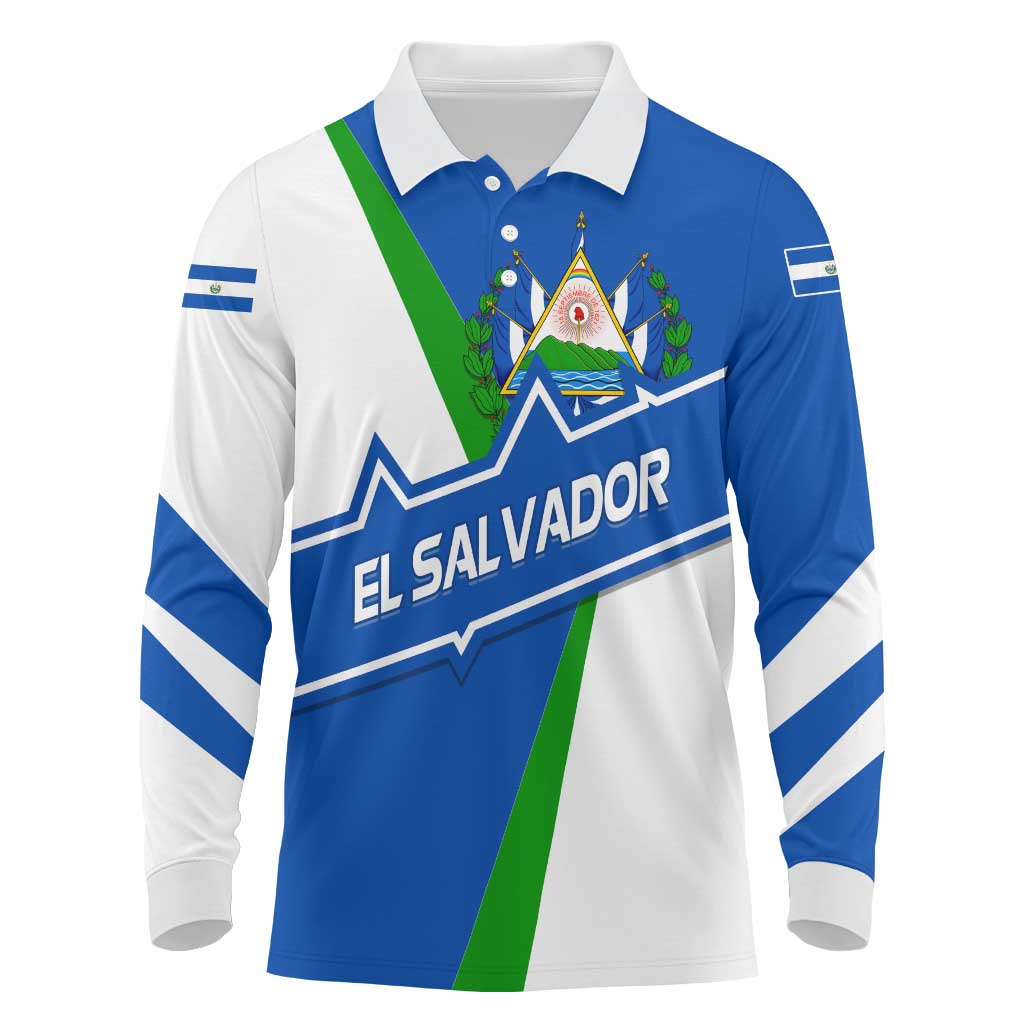 El Salvador Flag Crest Long Sleeve Polo Shirt with Blue Green Stripes and Bold Letter Design - Wonder Print Shop