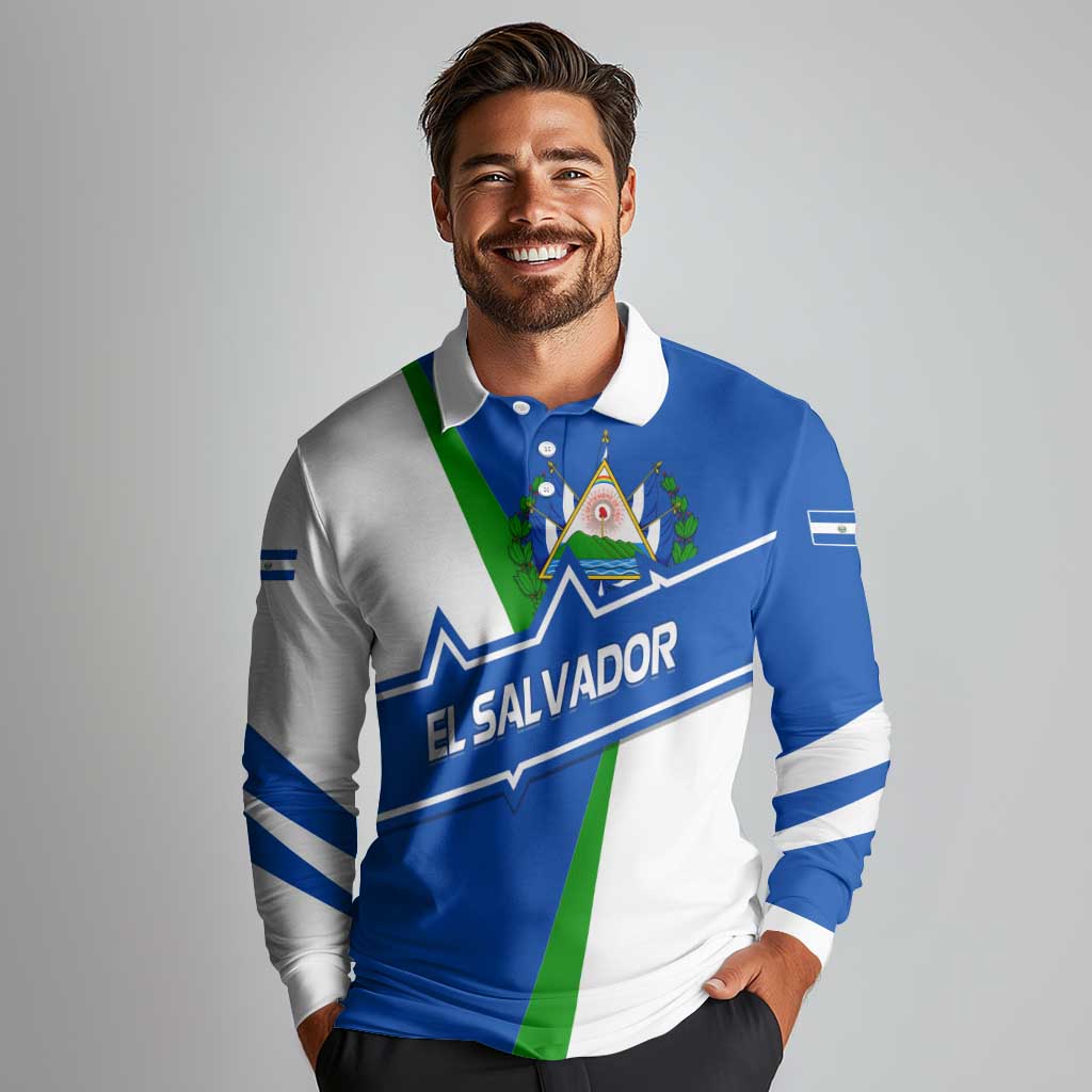 El Salvador Flag Crest Long Sleeve Polo Shirt with Blue Green Stripes and Bold Letter Design - Wonder Print Shop