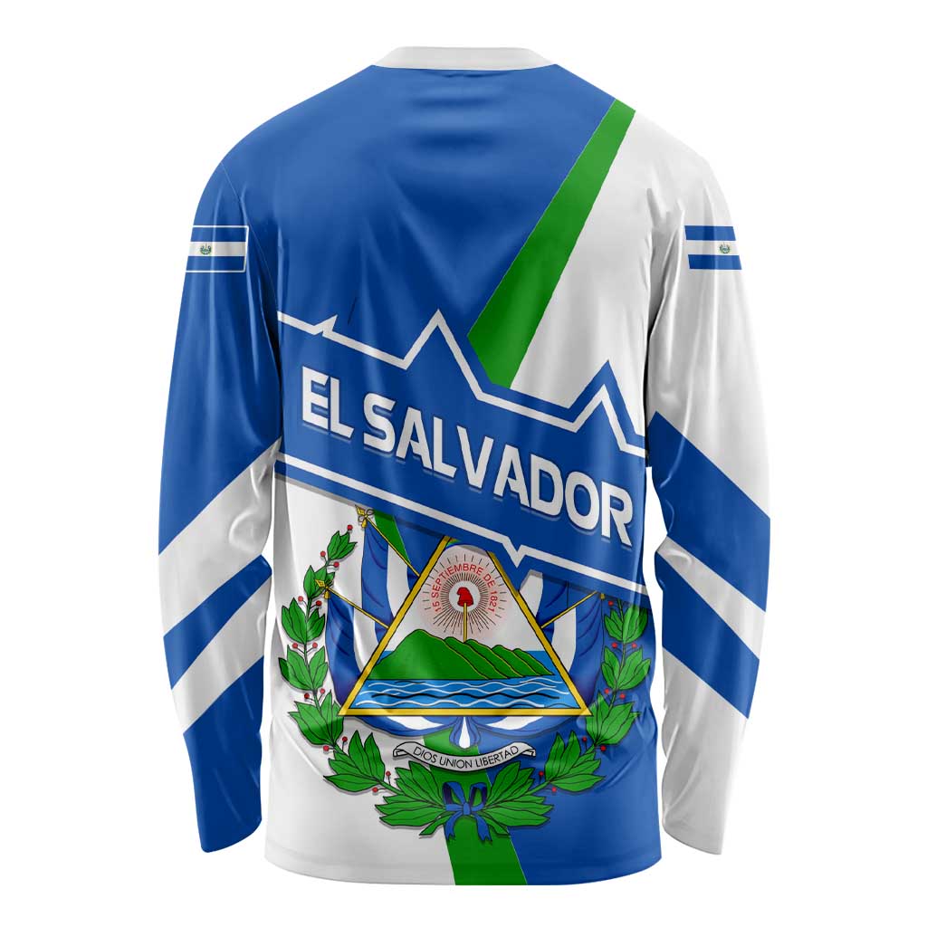 El Salvador Flag Crest Long Sleeve Shirt with Blue Green Stripes and Bold Letter Design - Wonder Print Shop