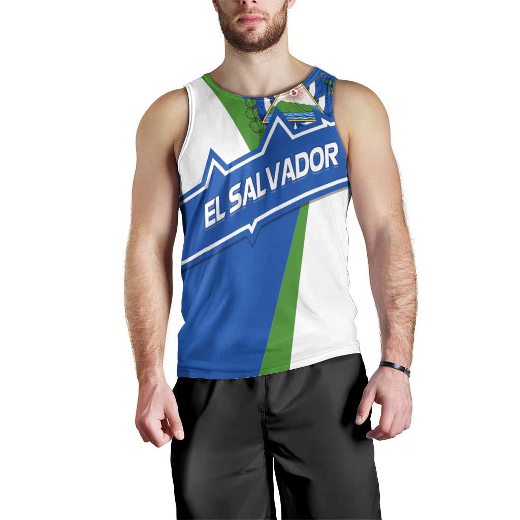 El Salvador Flag Crest Men Tank Top with Blue Green Stripes and Bold Letter Design - Wonder Print Shop