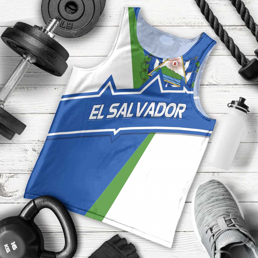 El Salvador Flag Crest Men Tank Top with Blue Green Stripes and Bold Letter Design - Wonder Print Shop