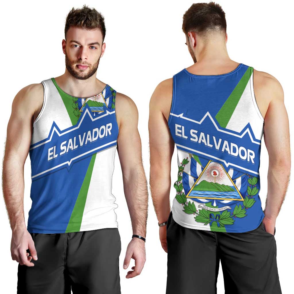 El Salvador Flag Crest Men Tank Top with Blue Green Stripes and Bold Letter Design - Wonder Print Shop