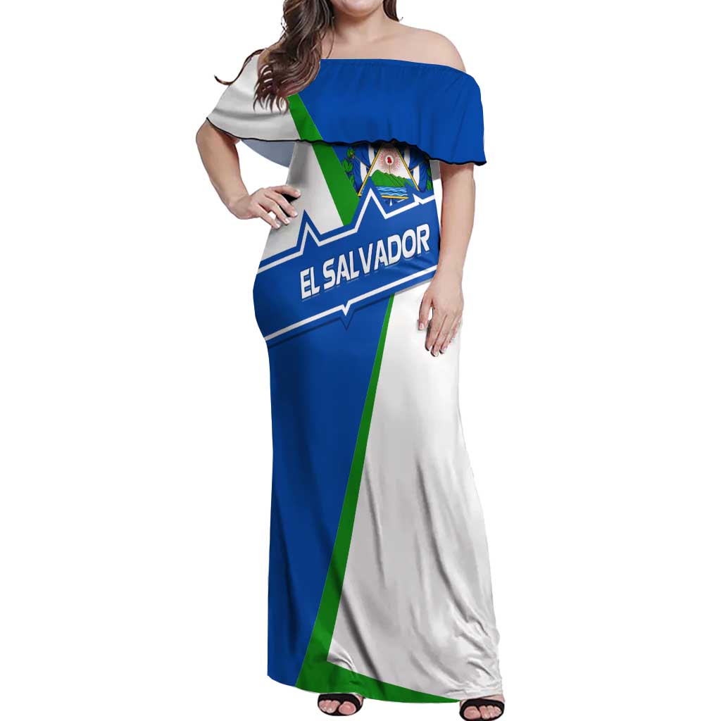 El Salvador Flag Crest Off Shoulder Maxi Dress with Blue Green Stripes and Bold Letter Design - Wonder Print Shop