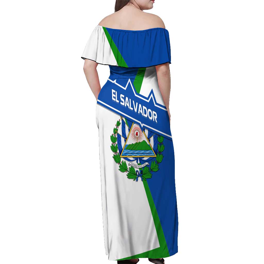El Salvador Flag Crest Off Shoulder Maxi Dress with Blue Green Stripes and Bold Letter Design - Wonder Print Shop