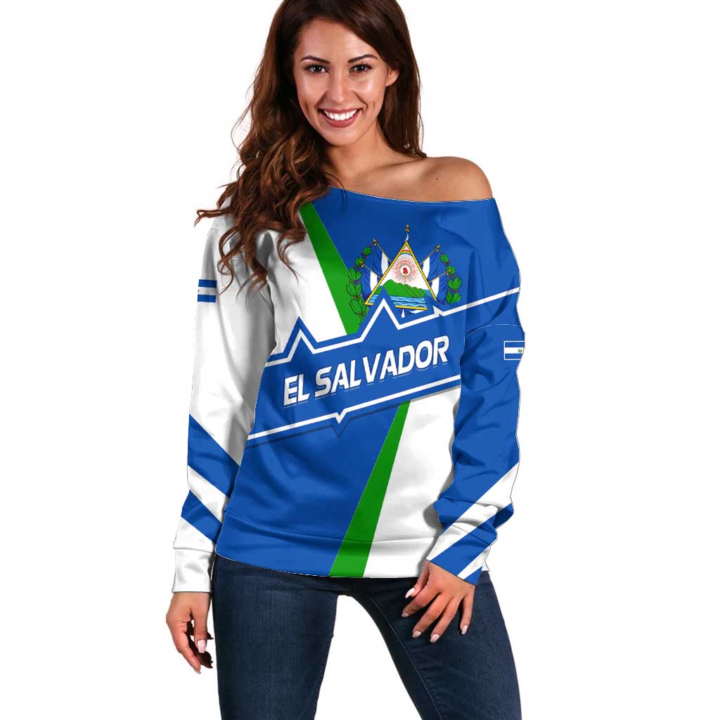 El Salvador Flag Crest Off Shoulder Sweater with Blue Green Stripes and Bold Letter Design - Wonder Print Shop