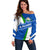 El Salvador Flag Crest Off Shoulder Sweater with Blue Green Stripes and Bold Letter Design - Wonder Print Shop