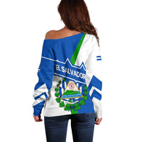 El Salvador Flag Crest Off Shoulder Sweater with Blue Green Stripes and Bold Letter Design - Wonder Print Shop