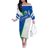 El Salvador Flag Crest Off The Shoulder Long Sleeve Dress with Blue Green Stripes and Bold Letter Design - Wonder Print Shop