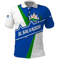 El Salvador Flag Crest Polo Shirt with Blue Green Stripes and Bold Letter Design - Wonder Print Shop