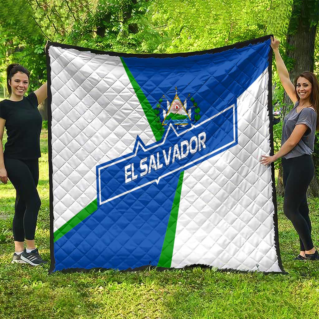 El Salvador Flag Crest Quilt with Blue Green Stripes and Bold Letter Design - Wonder Print Shop