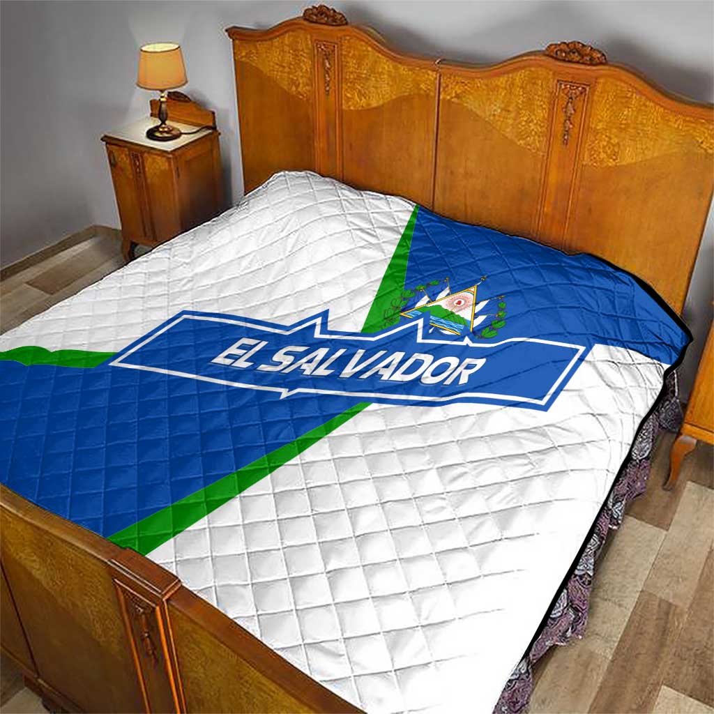 El Salvador Flag Crest Quilt with Blue Green Stripes and Bold Letter Design - Wonder Print Shop