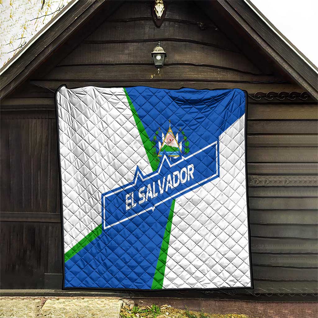El Salvador Flag Crest Quilt with Blue Green Stripes and Bold Letter Design - Wonder Print Shop