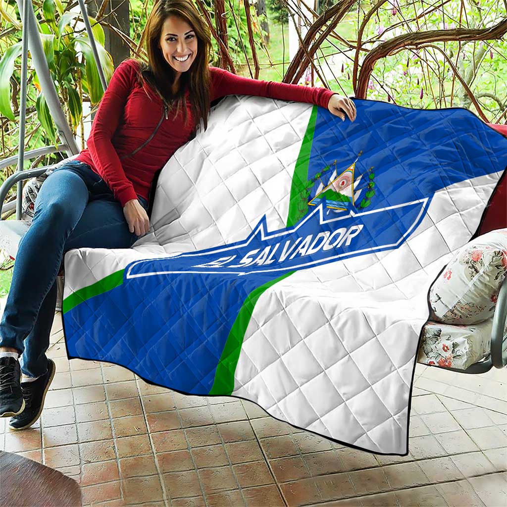 El Salvador Flag Crest Quilt with Blue Green Stripes and Bold Letter Design - Wonder Print Shop
