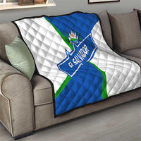 El Salvador Flag Crest Quilt with Blue Green Stripes and Bold Letter Design - Wonder Print Shop