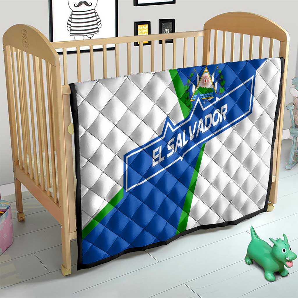 El Salvador Flag Crest Quilt with Blue Green Stripes and Bold Letter Design - Wonder Print Shop