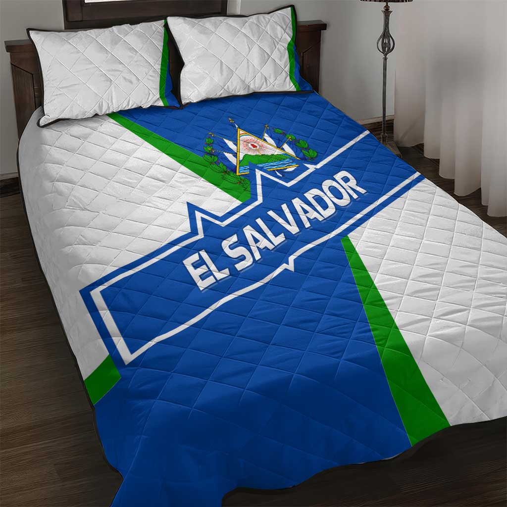 El Salvador Flag Crest Quilt Bed Set with Blue Green Stripes and Bold Letter Design - Wonder Print Shop