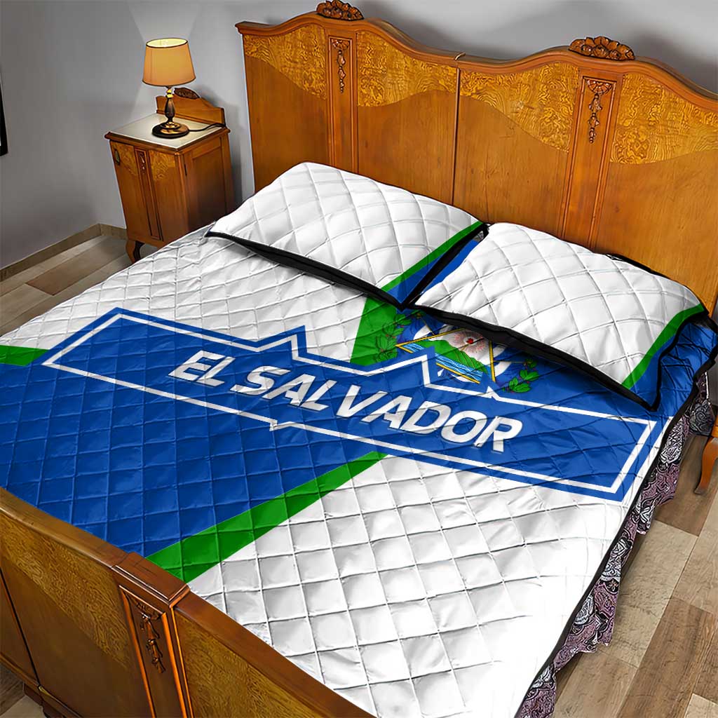 El Salvador Flag Crest Quilt Bed Set with Blue Green Stripes and Bold Letter Design - Wonder Print Shop