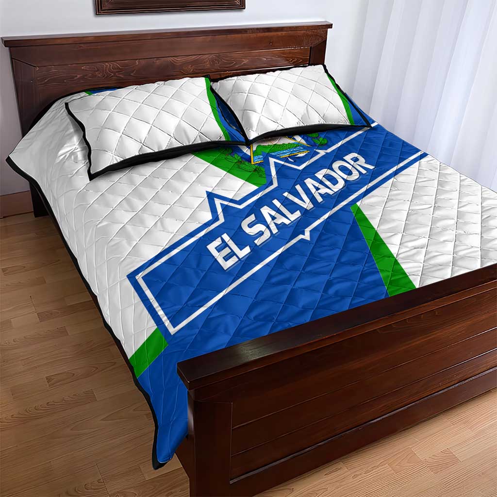 El Salvador Flag Crest Quilt Bed Set with Blue Green Stripes and Bold Letter Design - Wonder Print Shop