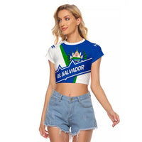 El Salvador Flag Crest Raglan Cropped T Shirt with Blue Green Stripes and Bold Letter Design - Wonder Print Shop