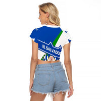 El Salvador Flag Crest Raglan Cropped T Shirt with Blue Green Stripes and Bold Letter Design - Wonder Print Shop