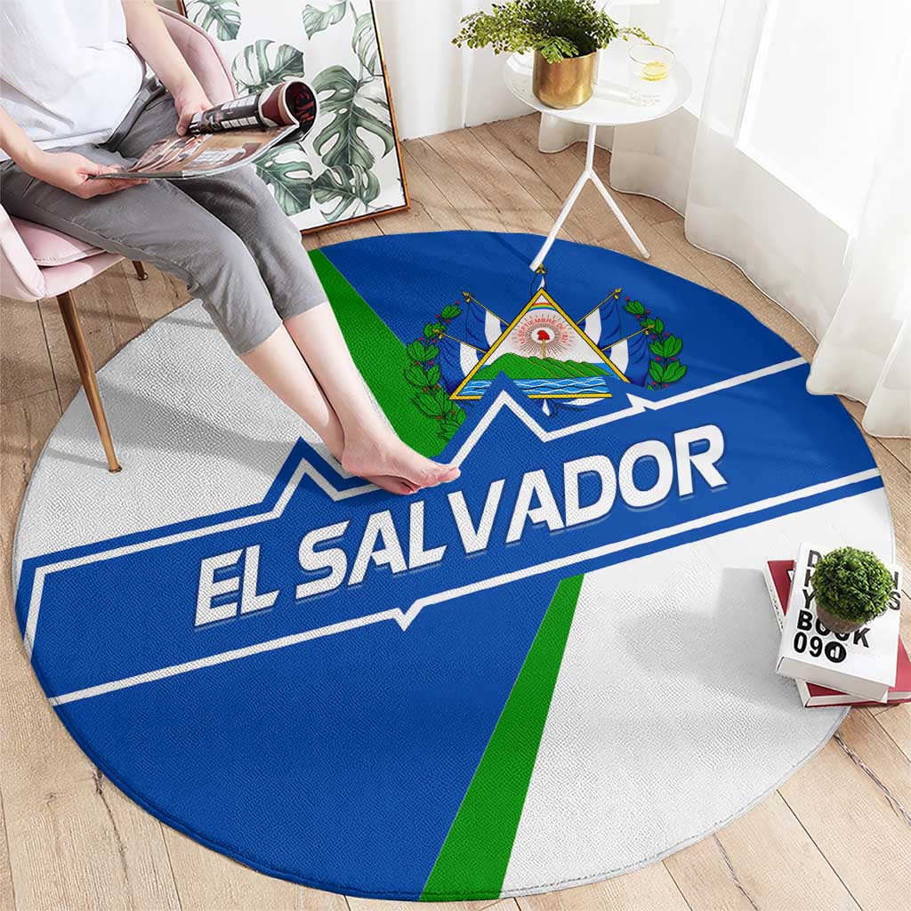 El Salvador Flag Crest Round Carpet with Blue Green Stripes and Bold Letter Design - Wonder Print Shop