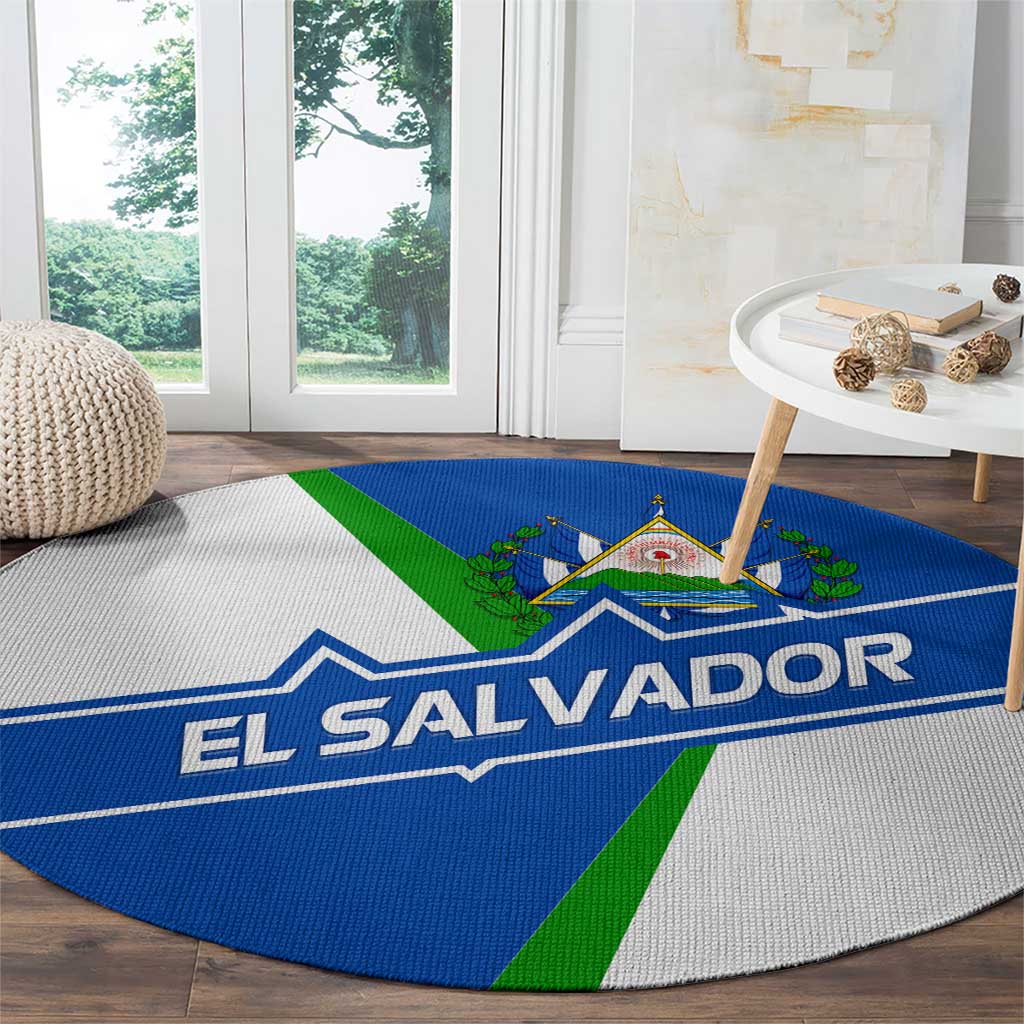 El Salvador Flag Crest Round Carpet with Blue Green Stripes and Bold Letter Design - Wonder Print Shop
