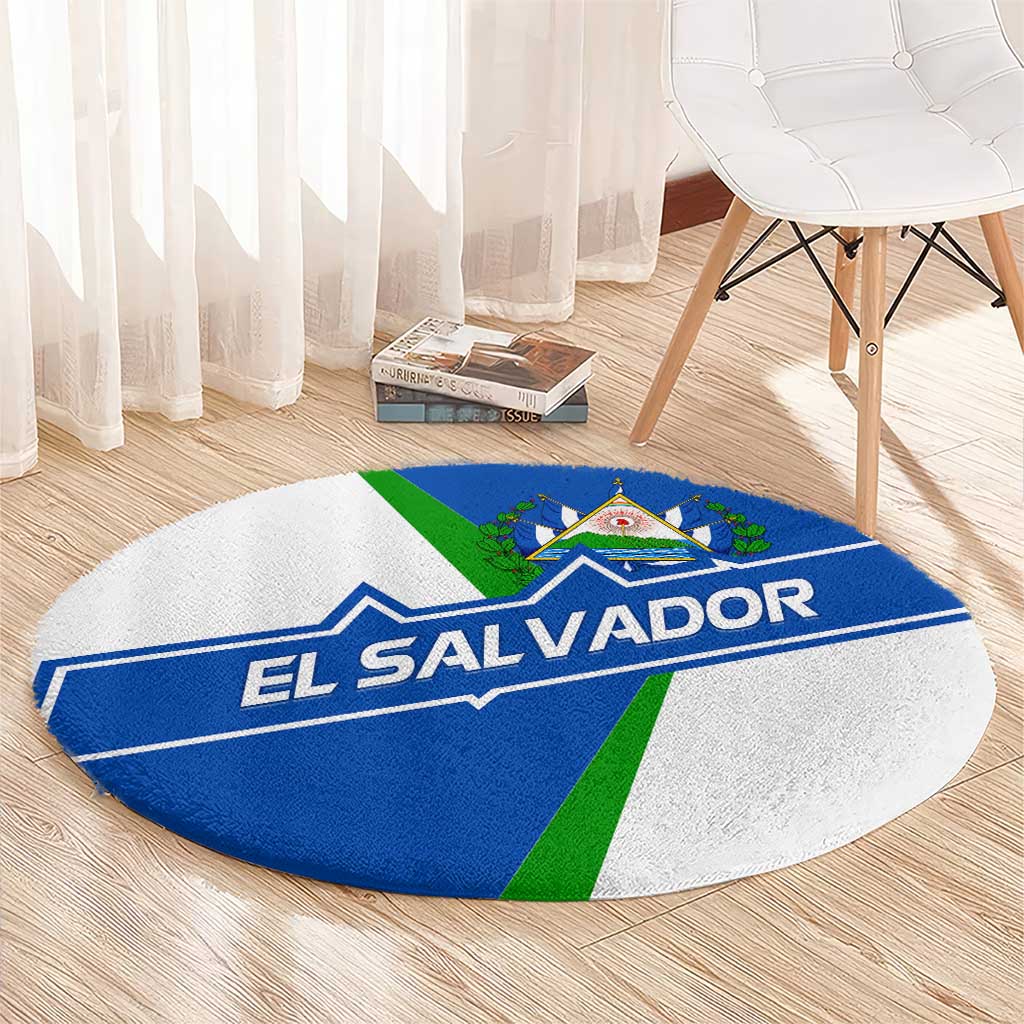 El Salvador Flag Crest Round Carpet with Blue Green Stripes and Bold Letter Design - Wonder Print Shop