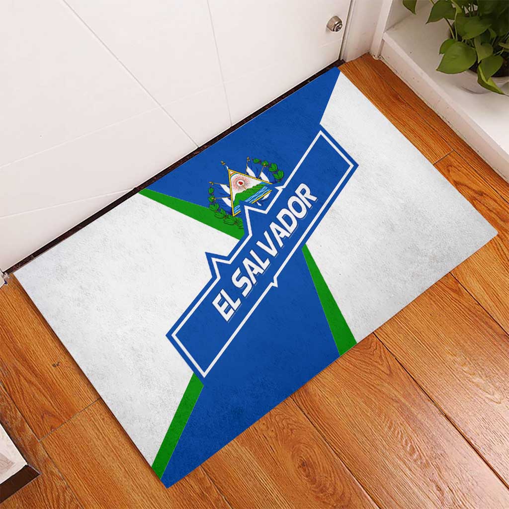 El Salvador Flag Crest Rubber Doormat with Blue Green Stripes and Bold Letter Design - Wonder Print Shop