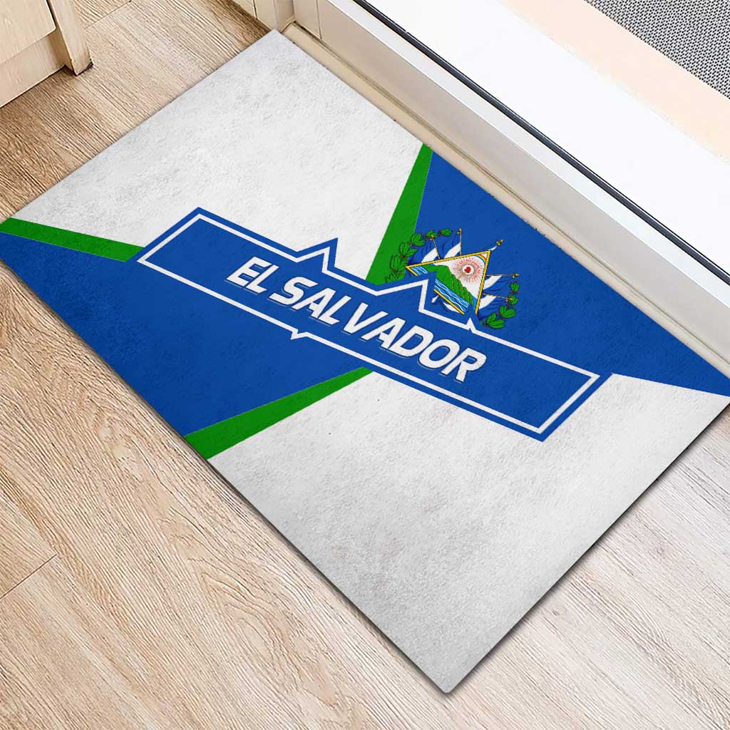 El Salvador Flag Crest Rubber Doormat with Blue Green Stripes and Bold Letter Design - Wonder Print Shop