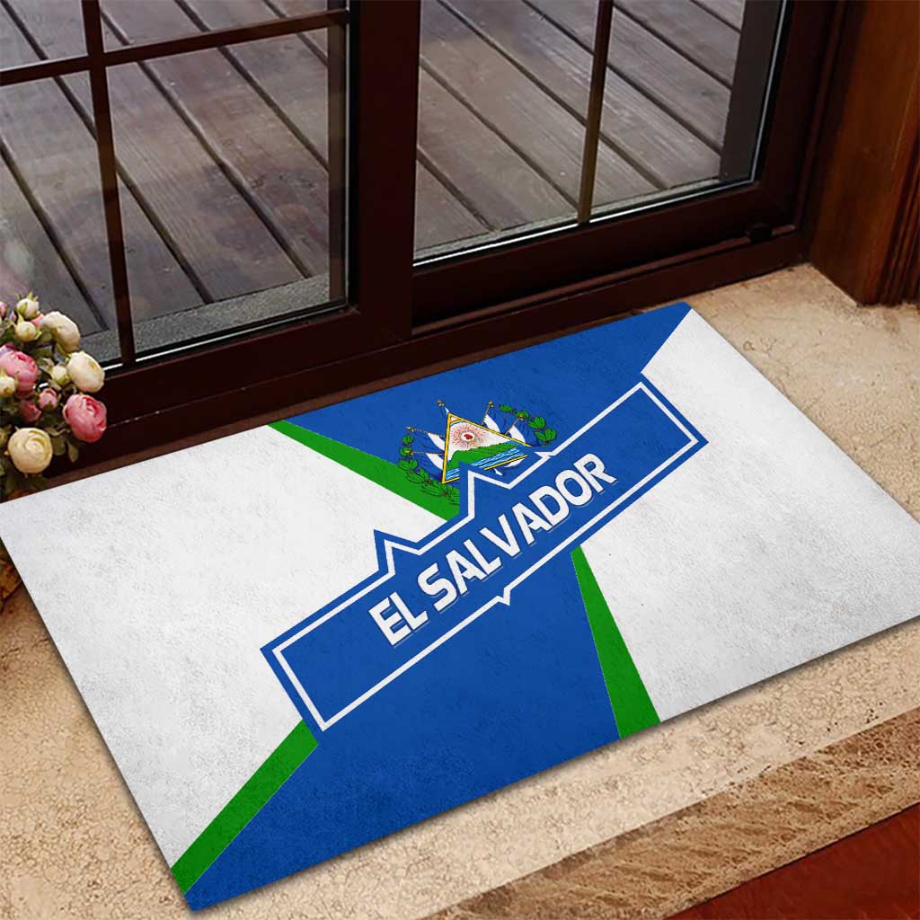 El Salvador Flag Crest Rubber Doormat with Blue Green Stripes and Bold Letter Design - Wonder Print Shop