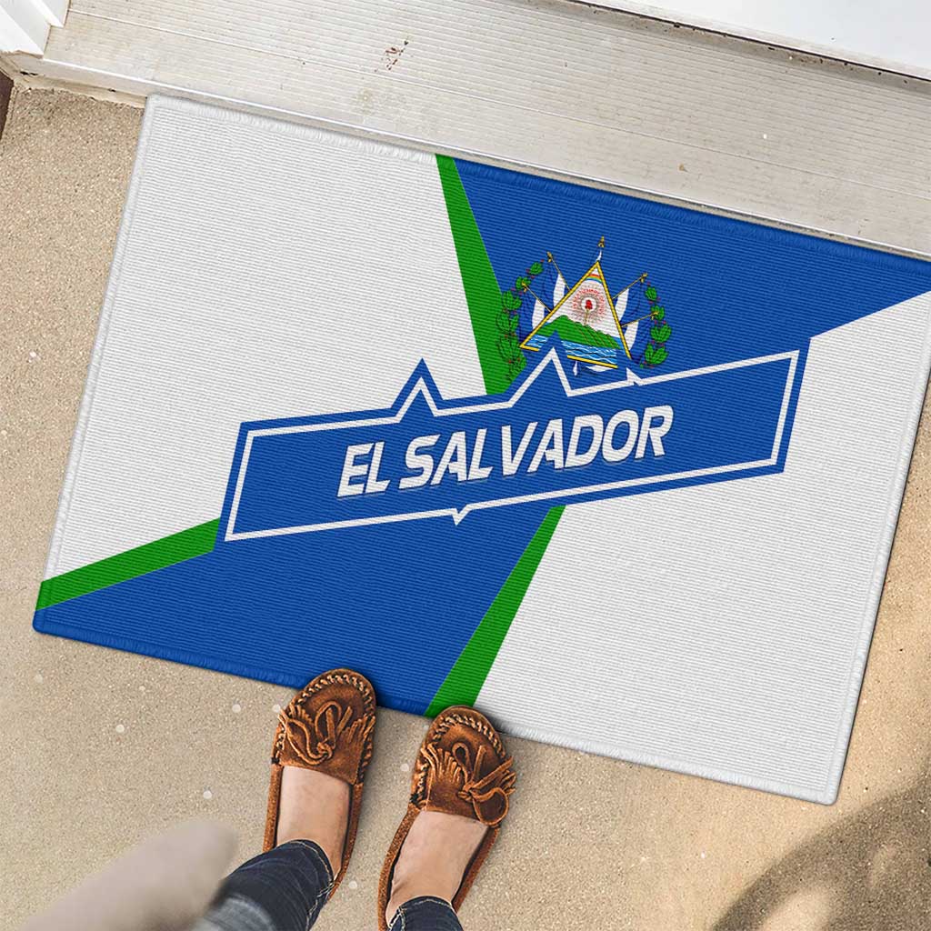 El Salvador Flag Crest Rubber Doormat with Blue Green Stripes and Bold Letter Design - Wonder Print Shop