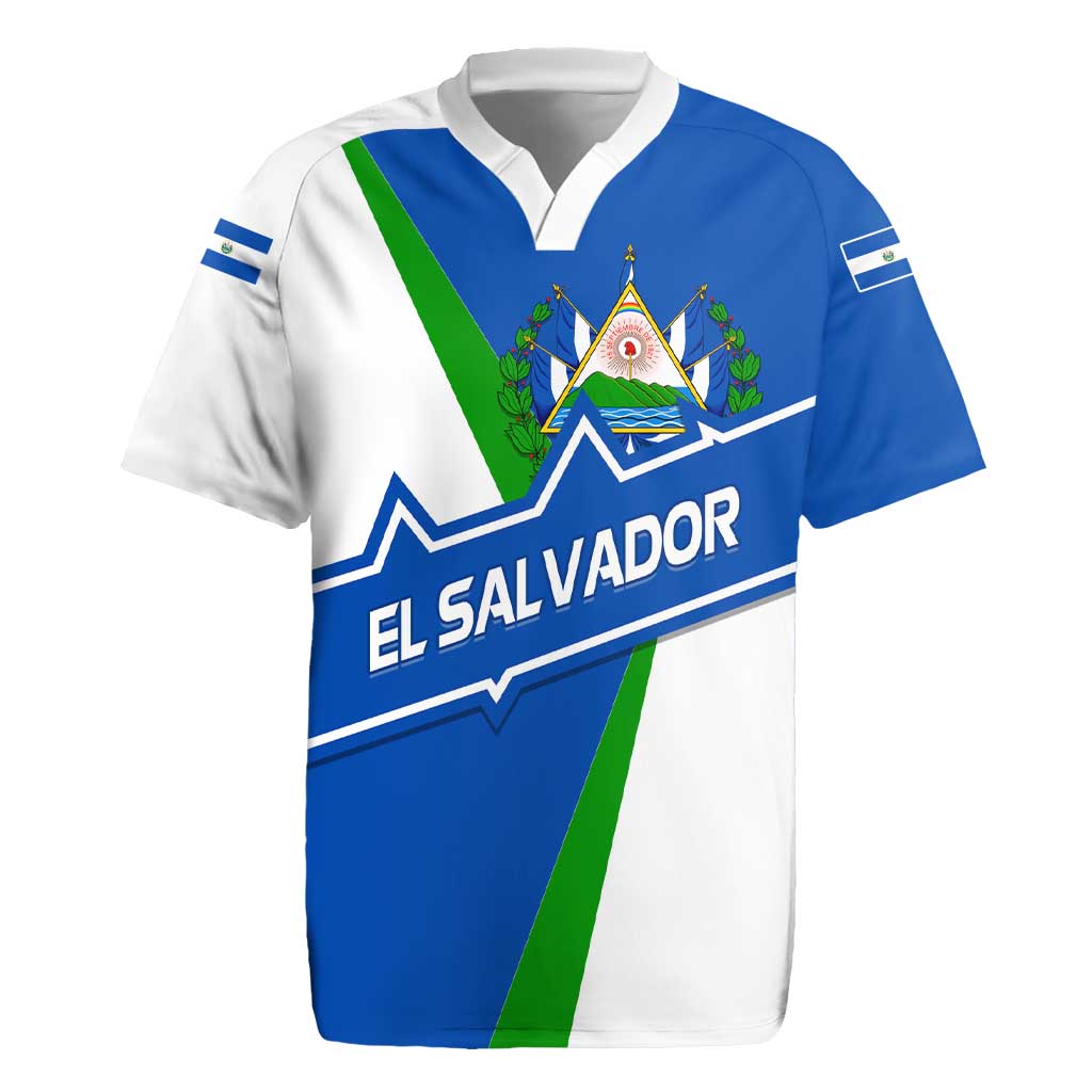 El Salvador Flag Crest Rugby Jersey with Blue Green Stripes and Bold Letter Design - Wonder Print Shop