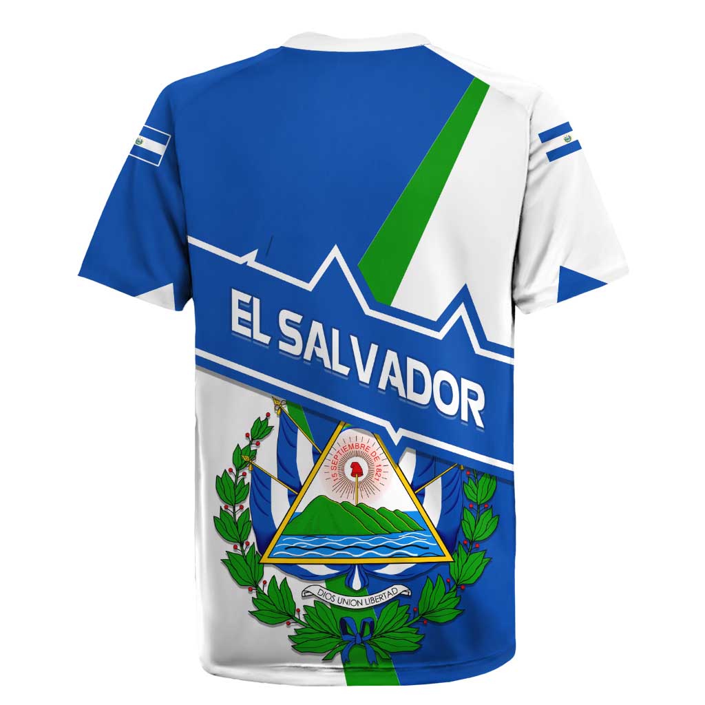 El Salvador Flag Crest Rugby Jersey with Blue Green Stripes and Bold Letter Design - Wonder Print Shop