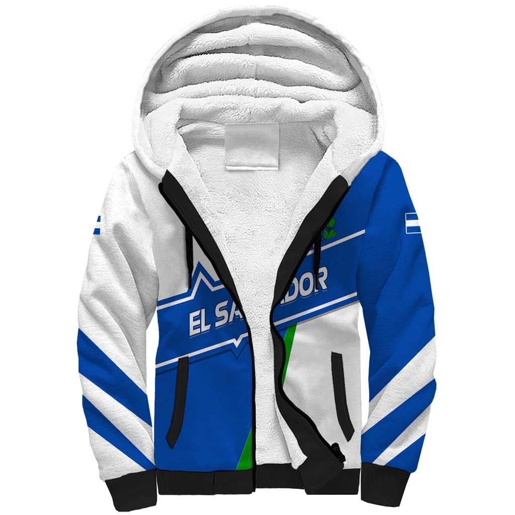 El Salvador Flag Crest Sherpa Hoodie with Blue Green Stripes and Bold Letter Design - Wonder Print Shop
