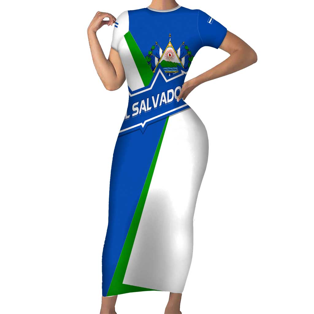 El Salvador Flag Crest Short Sleeve Bodycon Dress with Blue Green Stripes and Bold Letter Design - Wonder Print Shop