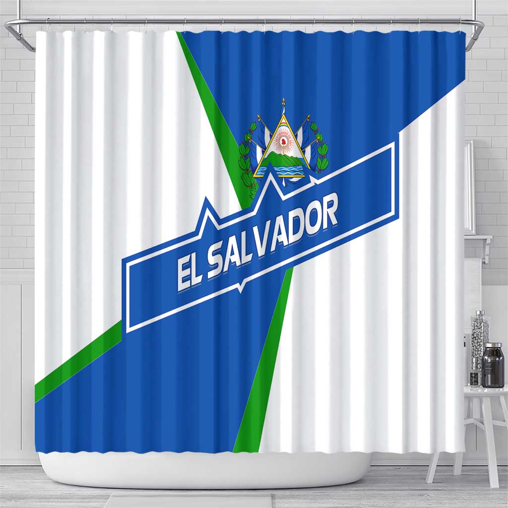 El Salvador Flag Crest Shower Curtain with Blue Green Stripes and Bold Letter Design - Wonder Print Shop
