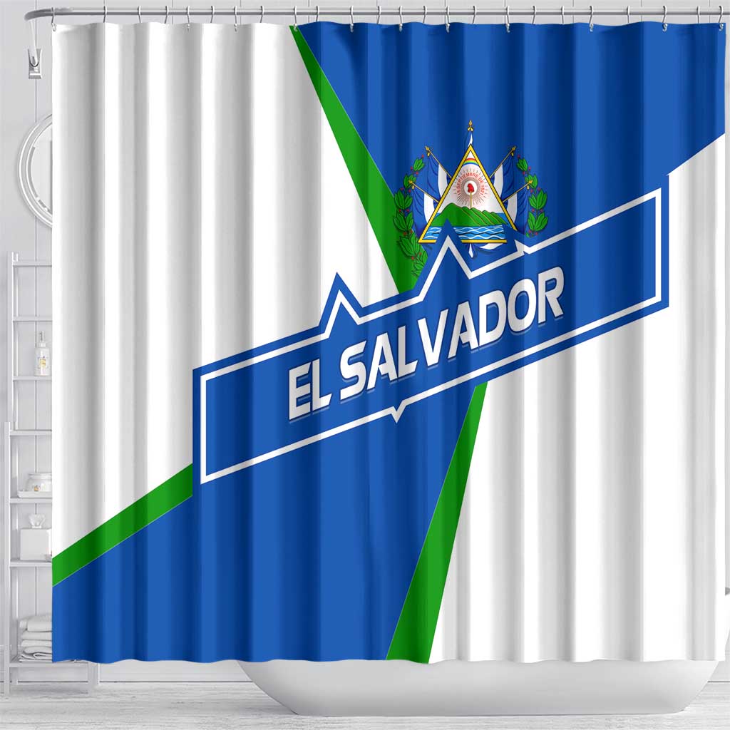 El Salvador Flag Crest Shower Curtain with Blue Green Stripes and Bold Letter Design - Wonder Print Shop