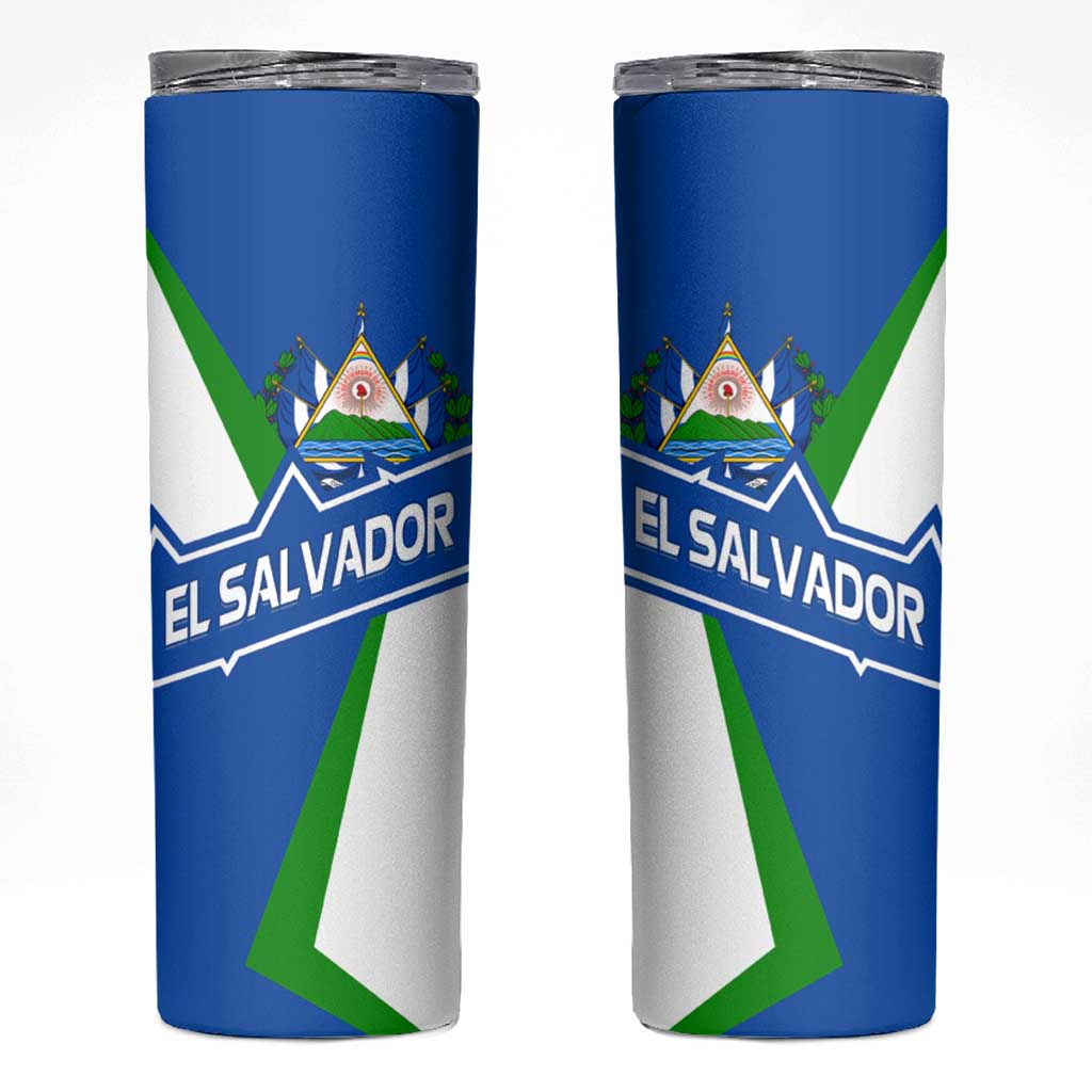 El Salvador Flag Crest Skinny Tumbler with Blue Green Stripes and Bold Letter Design - Wonder Print Shop