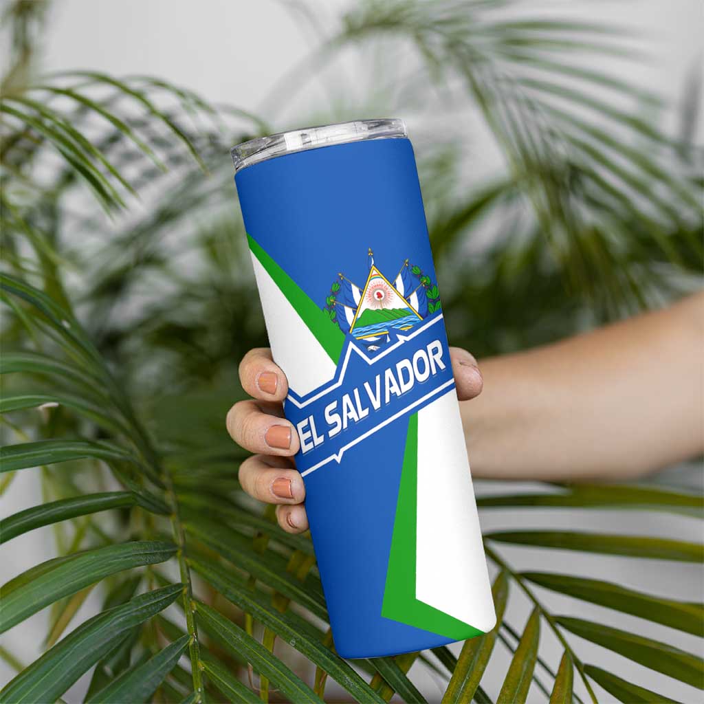 El Salvador Flag Crest Skinny Tumbler with Blue Green Stripes and Bold Letter Design - Wonder Print Shop