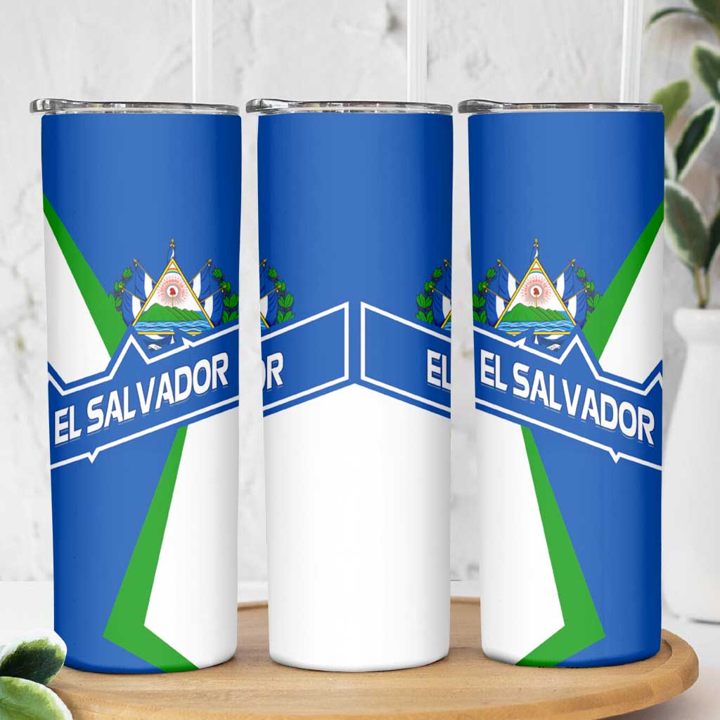El Salvador Flag Crest Skinny Tumbler with Blue Green Stripes and Bold Letter Design - Wonder Print Shop