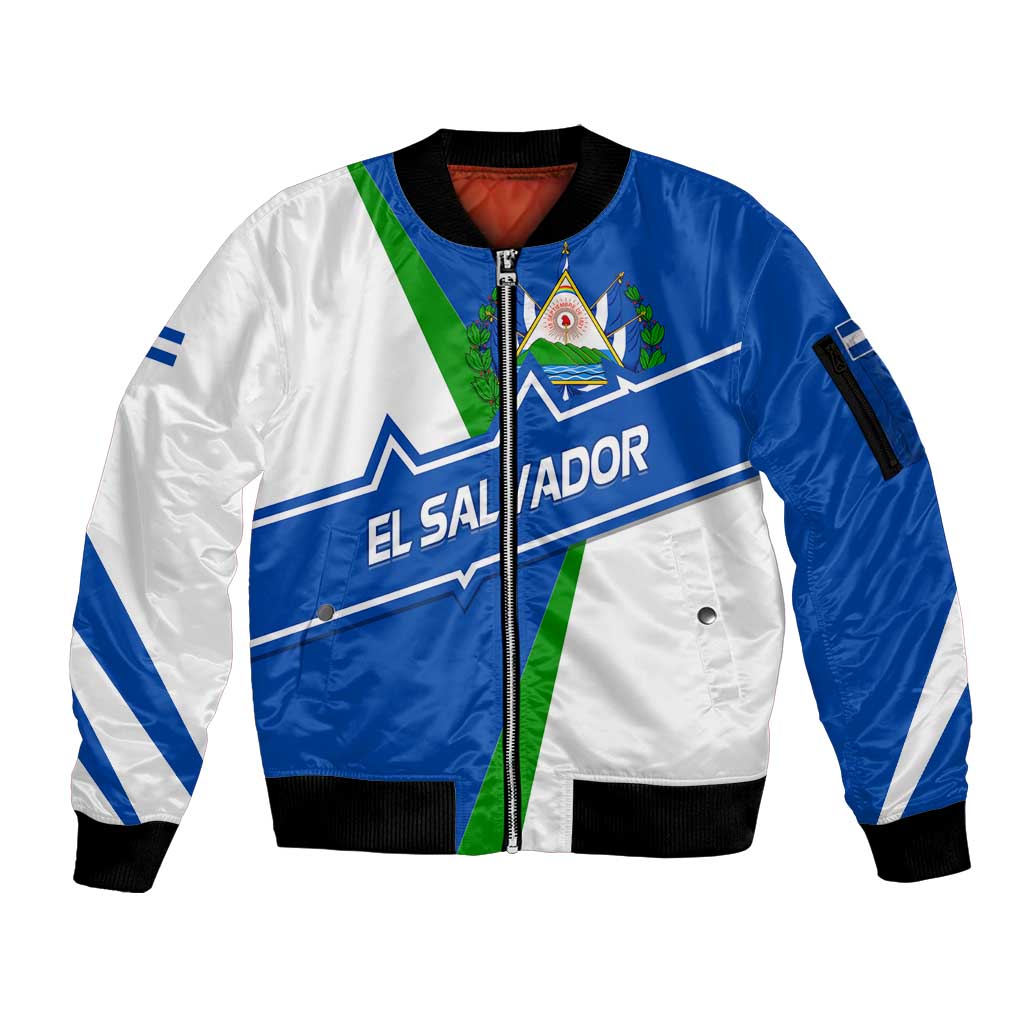 El Salvador Flag Crest Sleeve Zip Bomber Jacket with Blue Green Stripes and Bold Letter Design - Wonder Print Shop