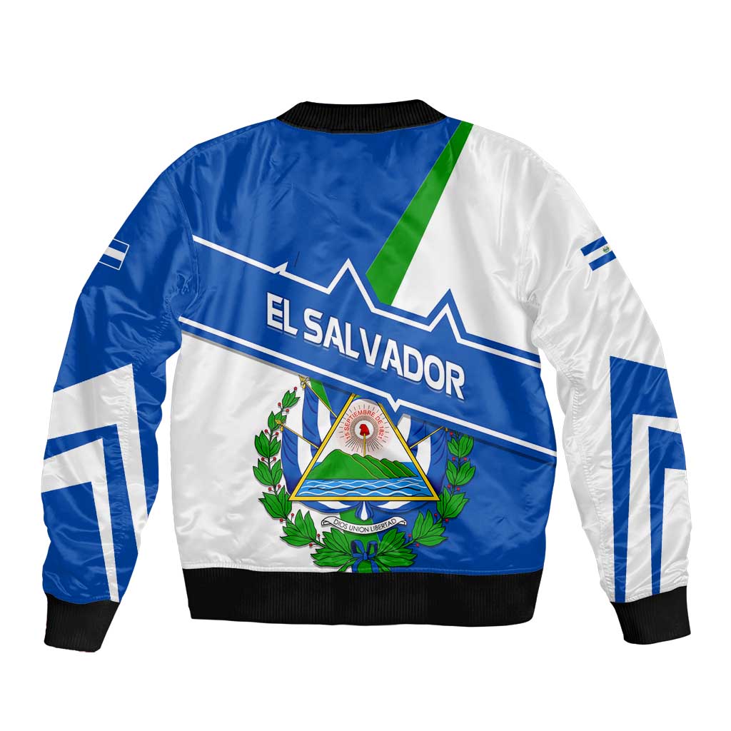 El Salvador Flag Crest Sleeve Zip Bomber Jacket with Blue Green Stripes and Bold Letter Design - Wonder Print Shop